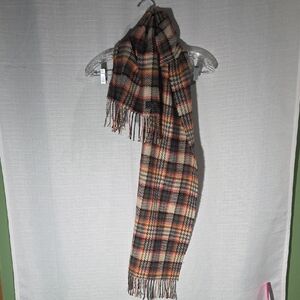 Hounds Tooth 100% Cashmere Scarf Neutral Colors With Red Orange Fringe Soft